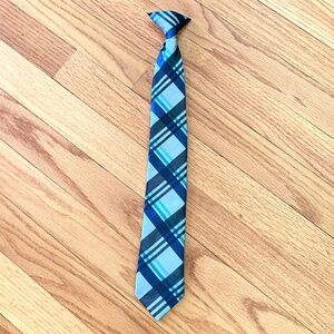 Boy’s blue, gray, and teal plaid clip on tie
